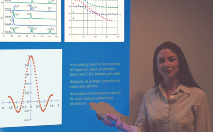 Researcher giving presentation with KaleidaGraph plots.